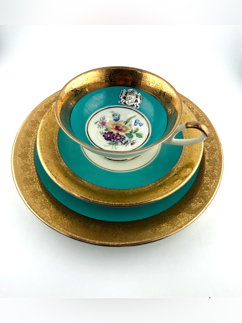 Alka Kunst Bavaria teal and 22k gold teacup trio set